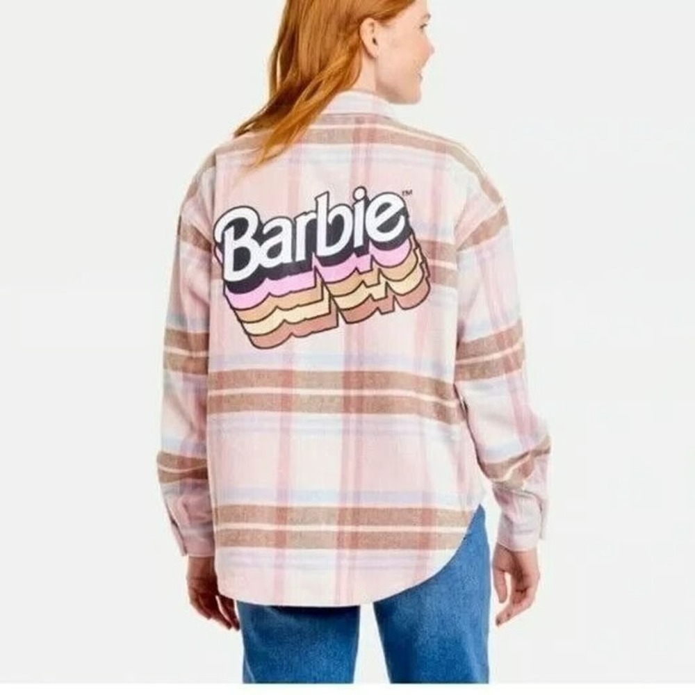 Barbie Pink Plaid Button Front Shacket Logo Graphic Shirt Jacket XS